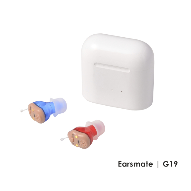 Wholesale (A pair ) New Invisible Hearing Aid In The Ear Canal Rechargeable Mini Digital Hearing Amplifier Red Blue For Seniors and Adults Hearing Loss with Portable Charge Case at Factory Price Earsmate G19