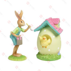 SET/2, RESIN BOY BUNNY PAINTING EGG BIRDHOUSE TABLE DECO