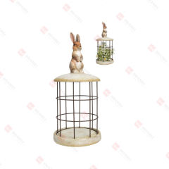 RESIN RABBIT STANDING ON METAL BASKET