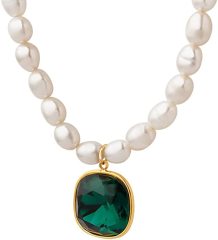 AJIDOU Pearl Necklace with Green Crystal Square Pendant Freshwater Necklace Women Wedding Jewelry Gifts,