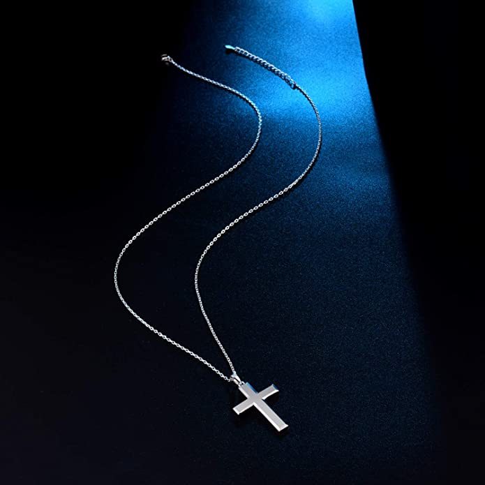 AJIDOU Cool Cross Pendant Long Necklace Classic High Polished Sterling Silver Cross Pendant Necklace Men/Women