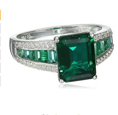 AJIDOU Sterling Silver Created Emerald and Created White Sapphire Octagon Ring