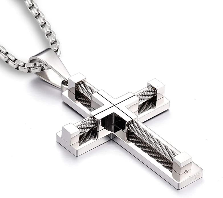 AJIDOU Men's Cross Necklace 316L Stainless Steel Jesus Christ Pendant White/Gold/Black Rolo Chain Jewelry