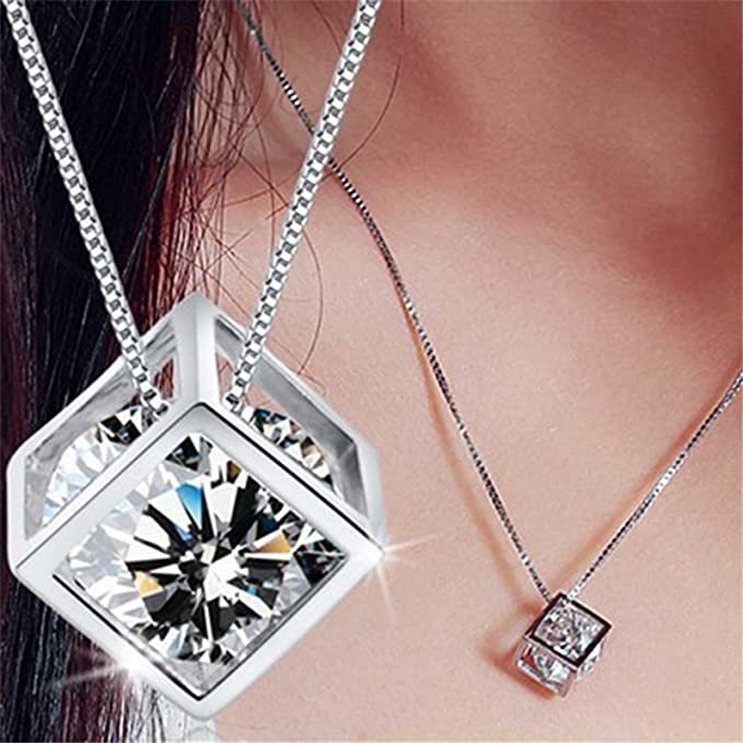 AJIDOU Crystal Zircon Solitaire Necklace 3D Hollow Cube Imitation Diamond Pendant Necklace Silver Rubik's Cube Crystal Necklace Valentine's Day Gift Jewelry Women Girls