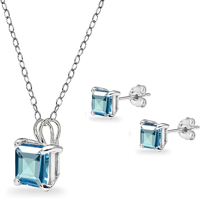 AJIDOU Sterling Silver London or Swiss Blue Topaz Square Necklace and Stud Earrings