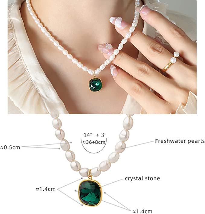 AJIDOU Pearl Necklace with Green Crystal Square Pendant Freshwater Necklace Women Wedding Jewelry Gifts,