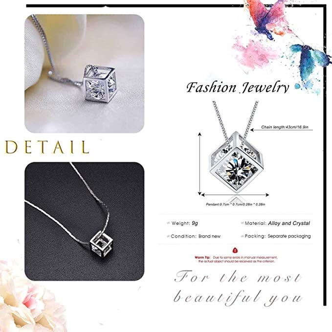 AJIDOU Crystal Zircon Solitaire Necklace 3D Hollow Cube Imitation Diamond Pendant Necklace Silver Rubik's Cube Crystal Necklace Valentine's Day Gift Jewelry Women Girls