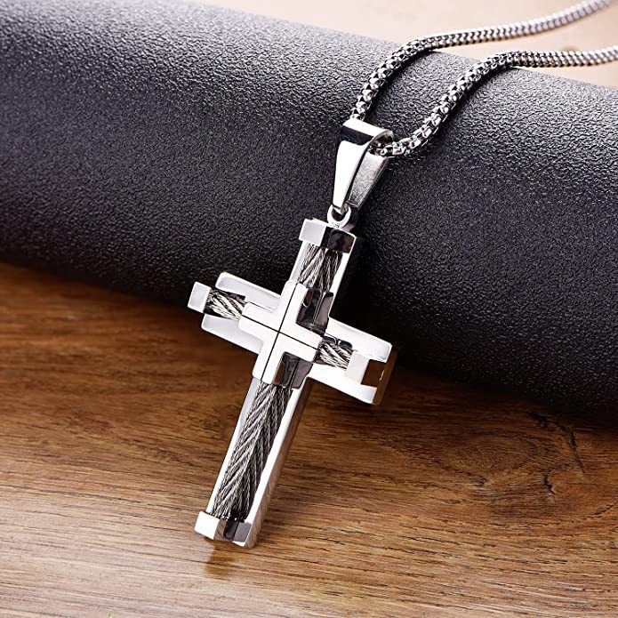 AJIDOU Men's Cross Necklace 316L Stainless Steel Jesus Christ Pendant White/Gold/Black Rolo Chain Jewelry