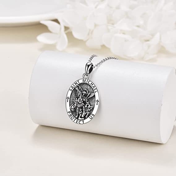 AJIDOU Saint Michael Medal Necklace 925 Sterling Silver Saint Archangel Michael Coin Pendant Necklace Women Men Protection Jewelry,