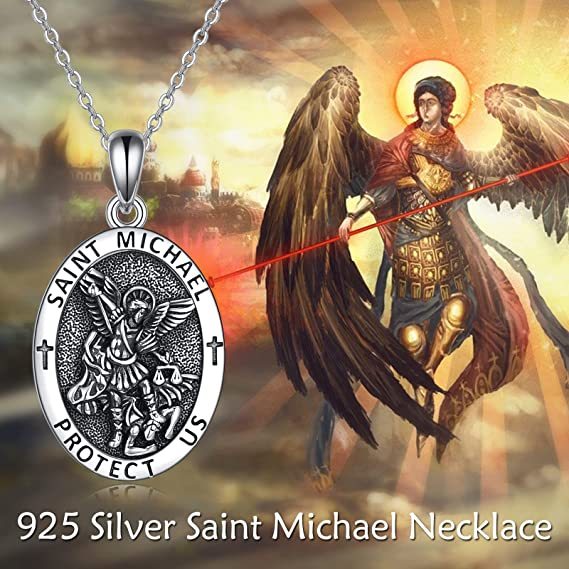 AJIDOU Saint Michael Medal Necklace 925 Sterling Silver Saint Archangel Michael Coin Pendant Necklace Women Men Protection Jewelry,