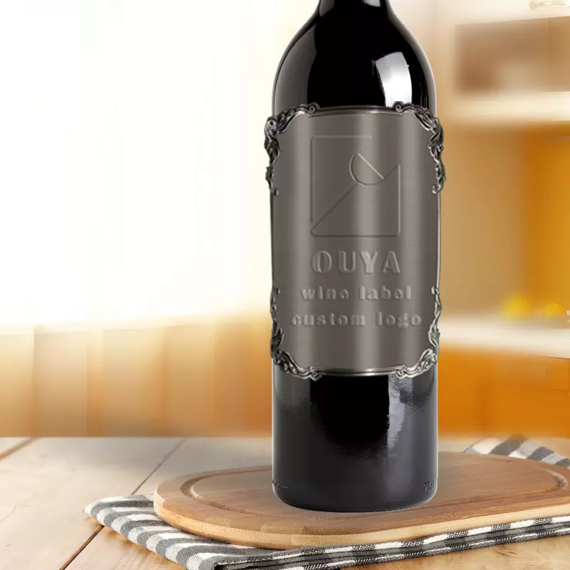 Custom 3D metallic stainless steel private label wine bottle body self-adhesive label