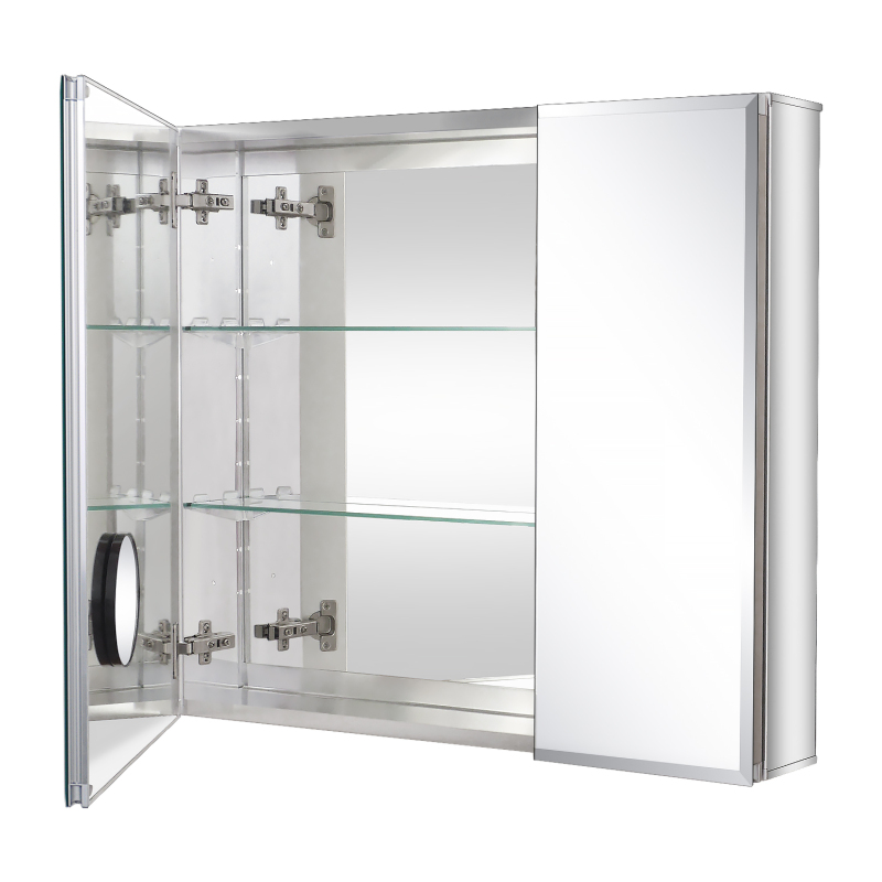 ALuminum Medicine Cabinet with Beveled Edge Double Sided Mirror Door,with 5X Magnifying Makeup Mirror, Recess or Surface Mount ,  30 x 26 inch