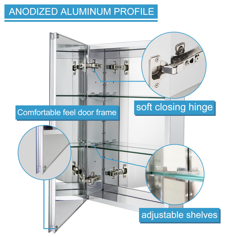 Aluminum Medicine Cabinet with Beveled  Edge Double Sided Mirror Door, Recess or Surface Mount, 15 x 24 Inch