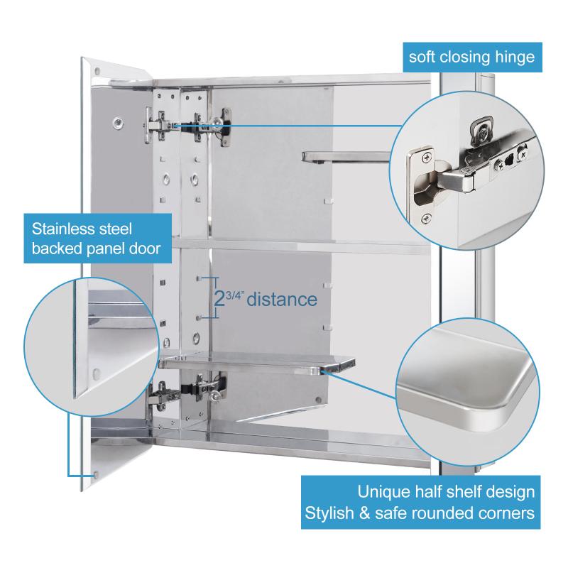 Stainless Steel Medicine Cabinet, Bathroom Mirror Cabinet, with Unique Half-Shelves, Recess and Surface Mount, 23.6 x 25.6 inch