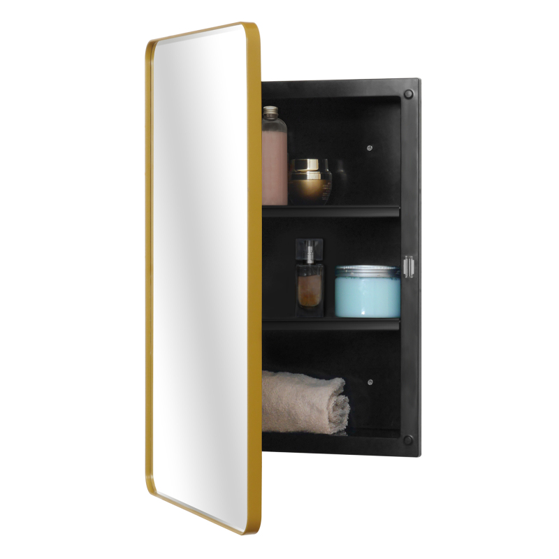 Fundin Plastic Medicine Cabinet, Beveled Edge Mirror Door with Round Corner Metal Frame, Recessed and Surface Mount, Golden,16 x 24 inch