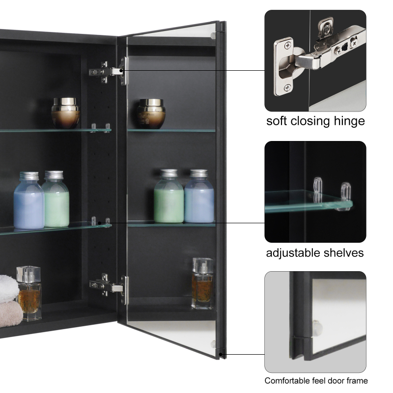 Fundin Black Aluminum Medicine Cabinet 24 x 24 Inch Recessed or Surface Mount, with Double Door and Adjustable Shelves.