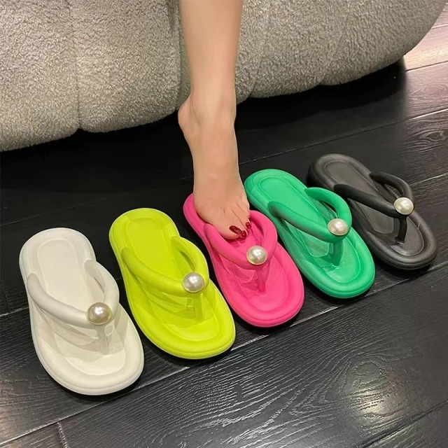 Fashion Pearl Soft Flip Flops for Women 2023 Summer Clip Toe Platform Pillow Slides Woman Light Non Slip Beach Slippers Sandals