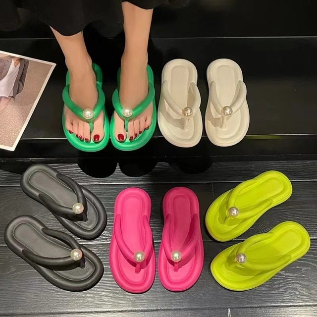Fashion Pearl Soft Flip Flops for Women 2023 Summer Clip Toe Platform Pillow Slides Woman Light Non Slip Beach Slippers Sandals