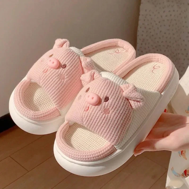 2024 New Pink 3.5cm Fashion Soft Ladies Casual Cute Piggy Pattern Design Comfortable Female Linen Home Slippers