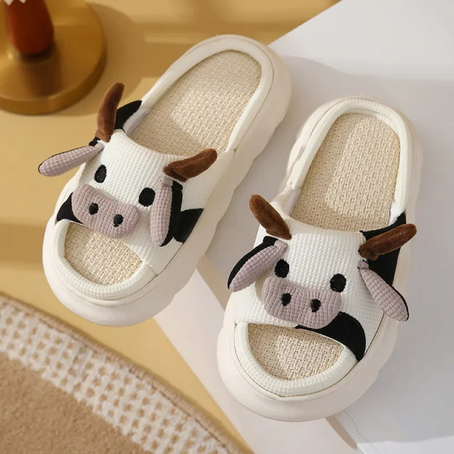 Hot Sale Women Milk Cow Linen Slippers Four Seasons Men Indoor Sandals Adults Cartoon Slides Couples Cute Breathable Home Shoes