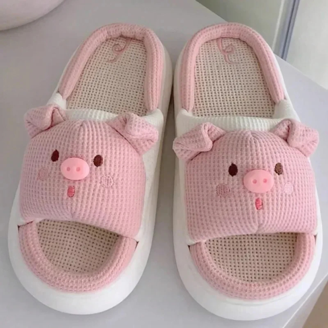 2024 New Pink 3.5cm Fashion Soft Ladies Casual Cute Piggy Pattern Design Comfortable Female Linen Home Slippers