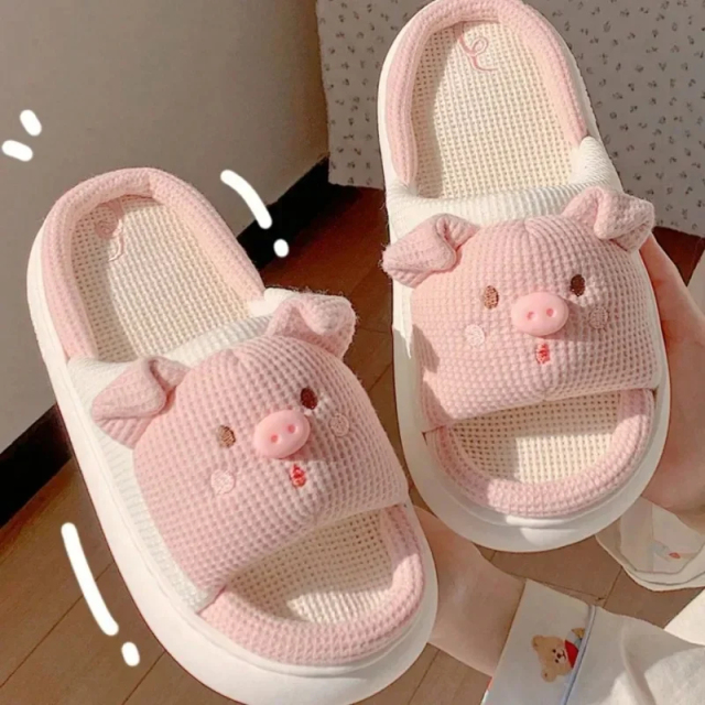 2024 New Pink 3.5cm Fashion Soft Ladies Casual Cute Piggy Pattern Design Comfortable Female Linen Home Slippers