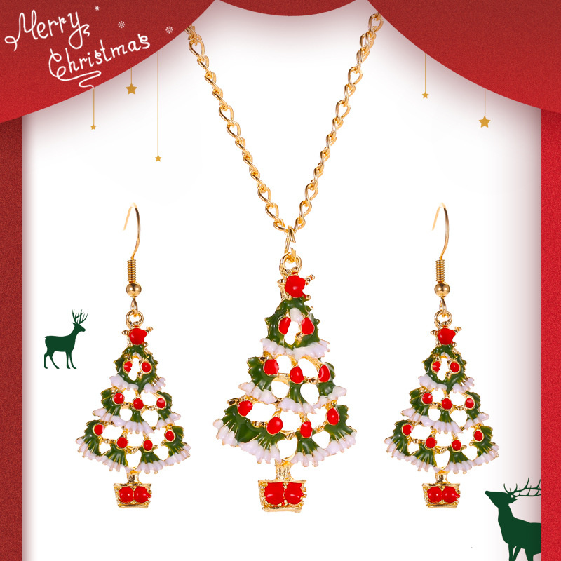 Color Cartoon Dripping Oil Christmas Tree Earrings Necklace Set Distributor