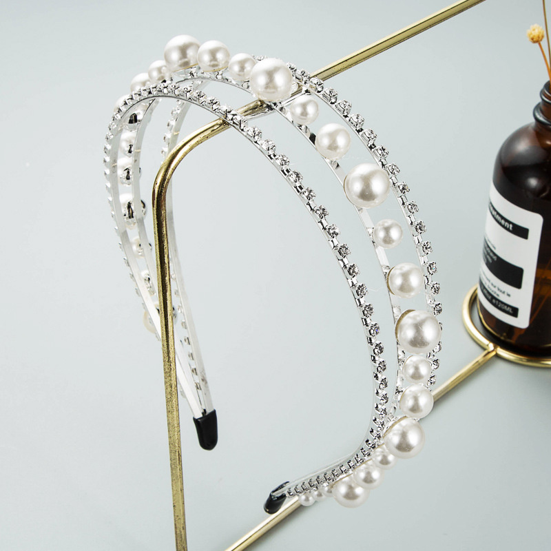Wholesale Jewelry Korean Super Shimmering Fine-edge Rhinestone Headband Alloy Multilayer Pearl Wash