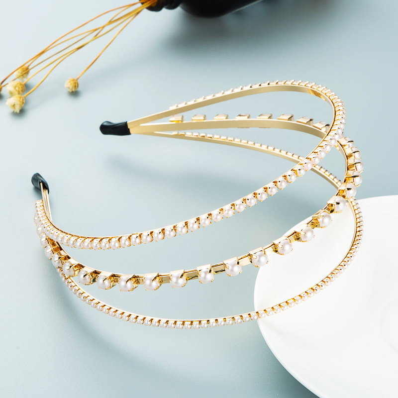 Wholesale Jewelry Fashion Alloy Diamond And Pearl Three-layer Headband, Creative Hair Accessories