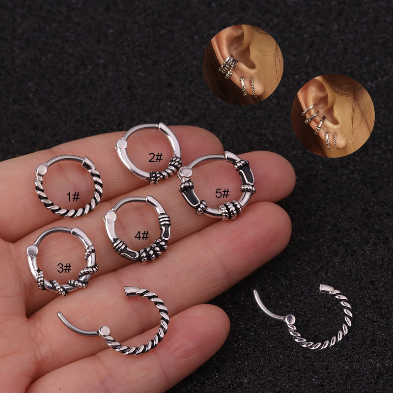 Personalized Ear Piercing Retro Round Antique Silver Twist Exaggerated Stainless Steel Jewelry Distributor
