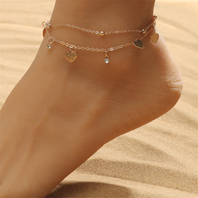 Wholesale Double Love Heart Anklet Retro Alloy Peach Heart Multilayer Beach Chain