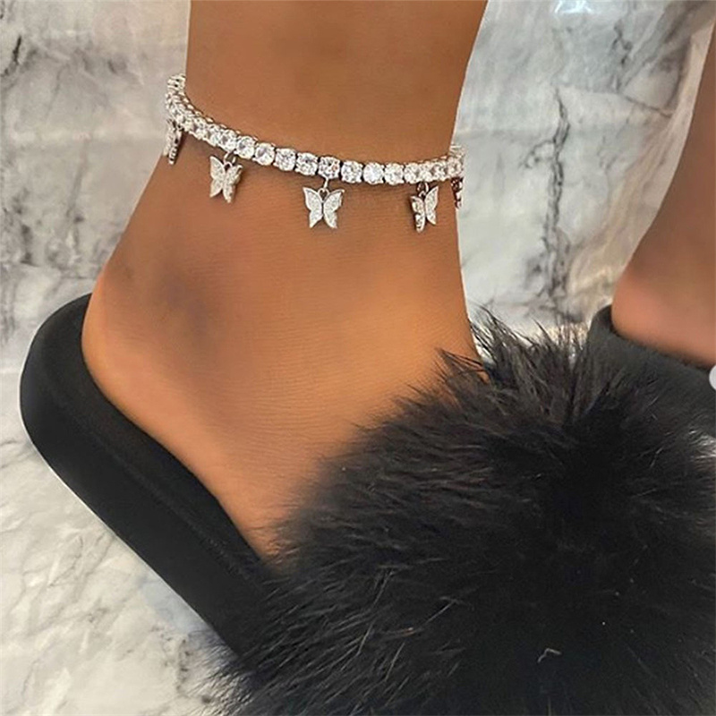Wholesale Creative Rhinestone Small Butterfly Anklet Simple Claw Chain Tassel Foot Ornament
