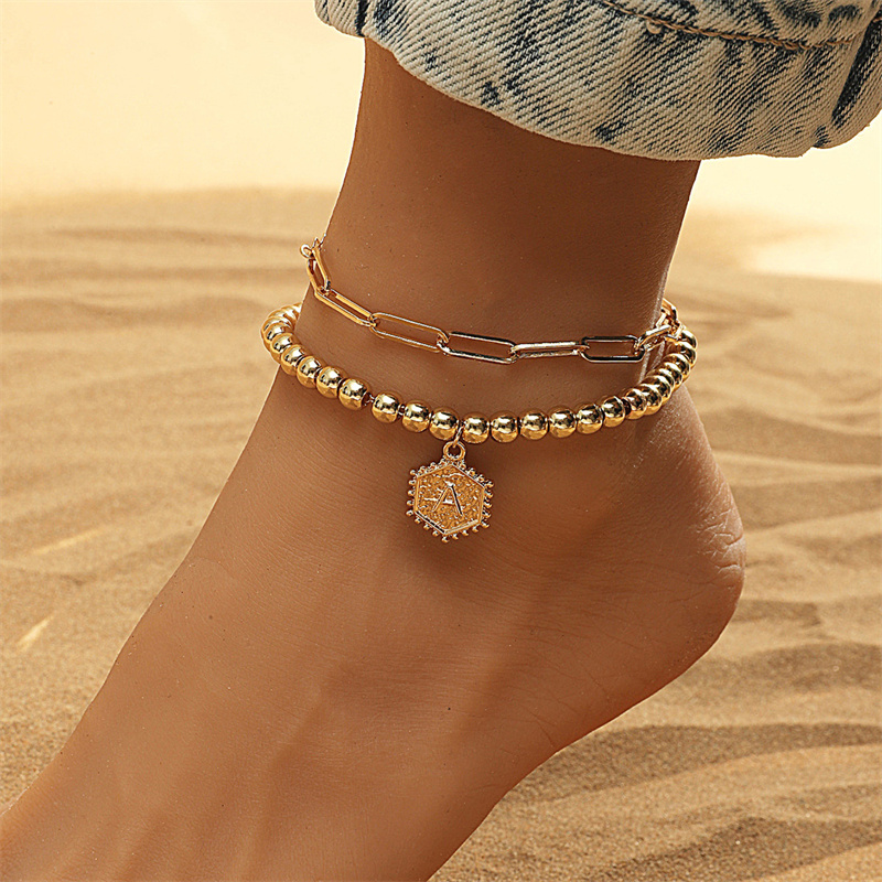 Wholesale Product Paper Clip Letter Anklet Set Personality Beach Geometric Multi-layer