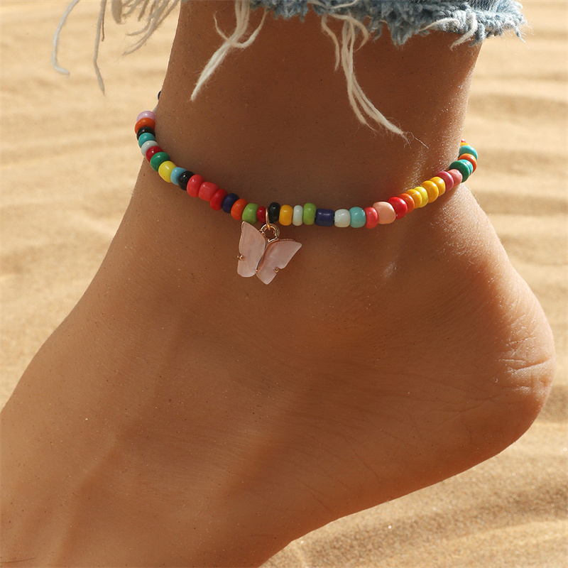 Wholesale Color Beaded Anklet Bohemian Butterfly Rice Bead Anklet