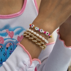 Wholesale Geometric Cuban Chain Retro Beaded Bracelet Creative Imitation Pearls