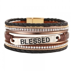 PU Leather Alloy Sheet Blessing Letter Braided Bracelet Multi-layer Diamond Bracelet Distributor
