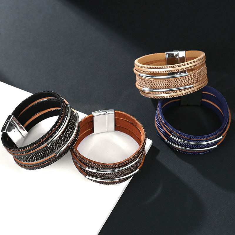 Fashion Popular Multi-circle Bracelet Chain Copper Multilayer Leather Magnet Buckle Wide Side Bracelet Distributor