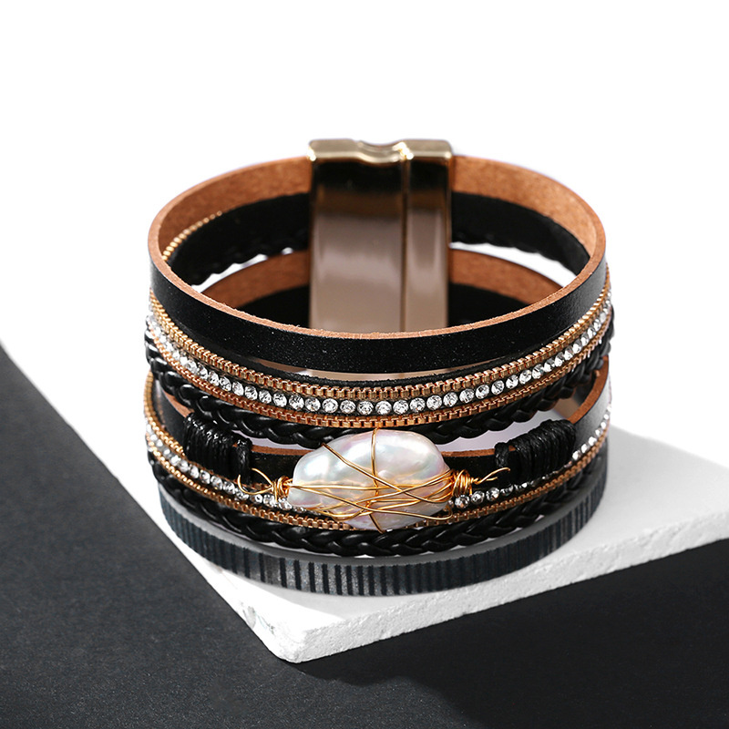 Explosive Bracelet Bohemian Fashion Pearl Bundle Braided Multilayer Leather Diamond Bracelet Distributor