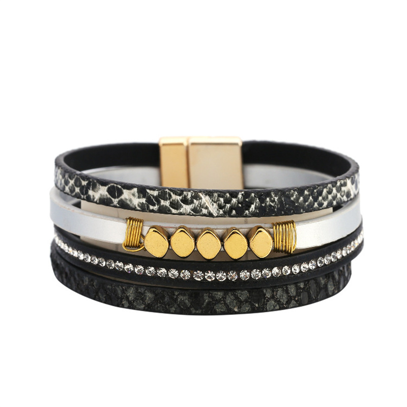 The  Bohemian Wide-brimmed Snake Pattern Multi-layer Magnetic Buckle Bracelet Leather Diamond Winding Bracelet Distributor