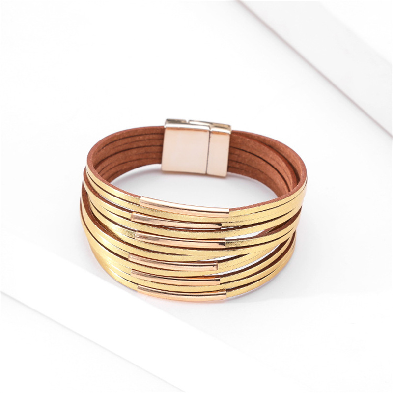 Trendy Fashion Bracelet Two-hand Chain Cross Multilayer Thin Strip Wide Side Magnetic Clasp Leather Bracelet Distributor