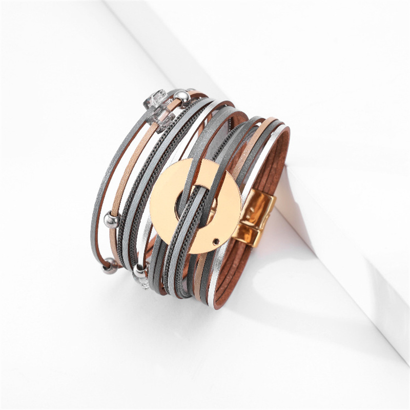 Explosive Style  Bracelet Bohemian Style Multi-layered Wide-sided Fashion Crystal PU Leather Magnetic Buckle Distributor