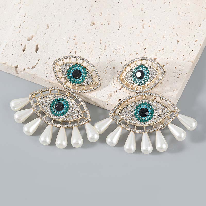 Fashion Color Alloy Diamond Rhinestone Imitation Pearl Devil Eye Earrings Retro Earrings Supplier