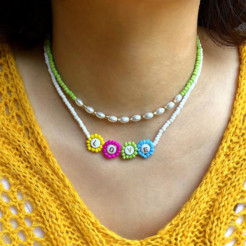 Wholesale Pearl Collarbone Chain Stacked Letters Beaded Short Necklace Fashion