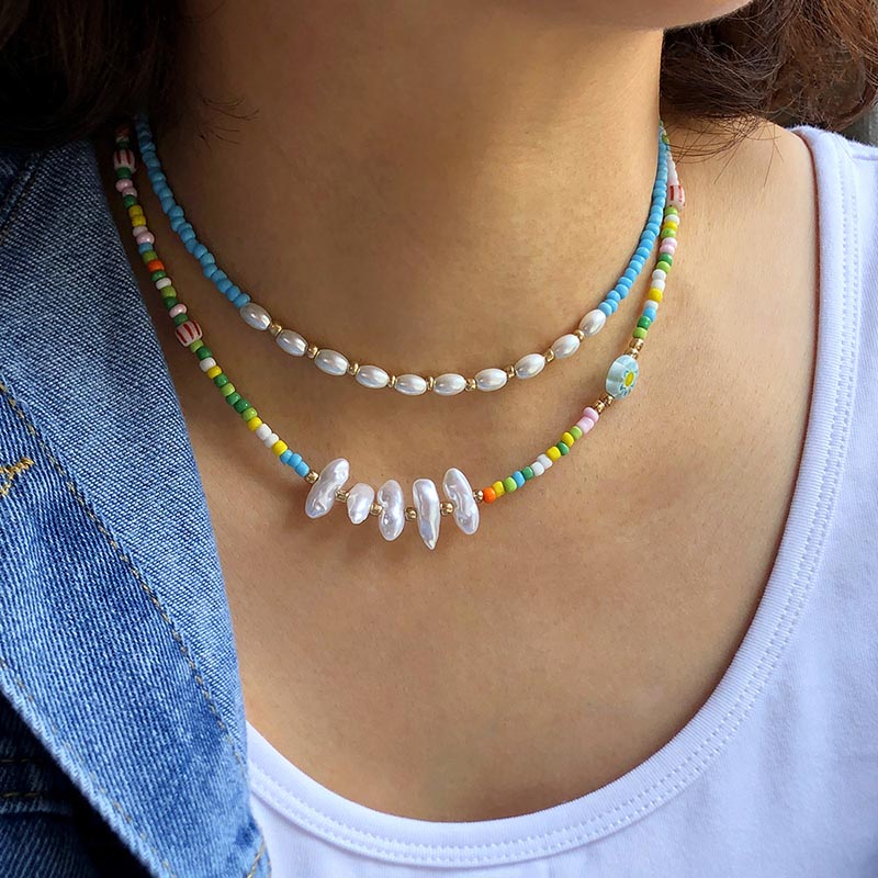 Wholesale Bohemian Vintage Double Layer Colorful Resin Necklace Pearl
