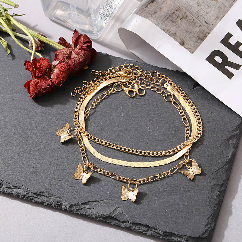 Creative Snake Bone Chain Butterfly Pendant Punk Personality Alloy Multilayer Anklet Distributor
