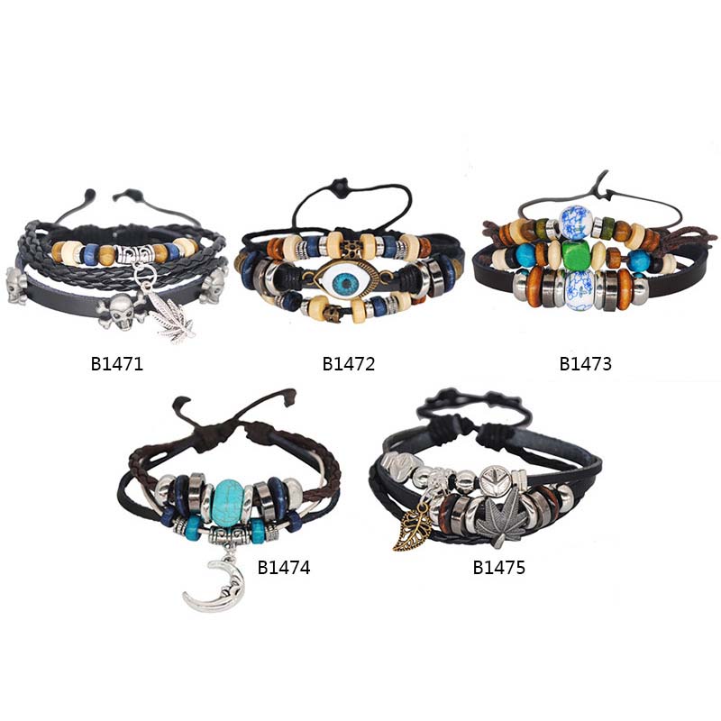 Wholesale Korean  Vintage Hand Jewelry Devil's Eye Leather Rope Bracelet