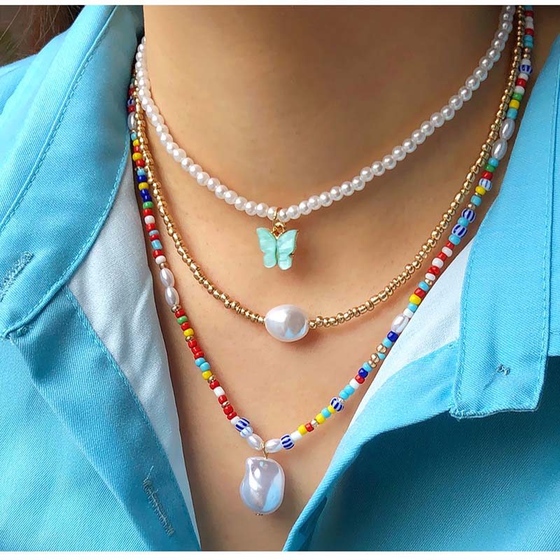 Wholesale Butterfly Pearl Necklace Stacked Colorful Beaded Clavicle Chain