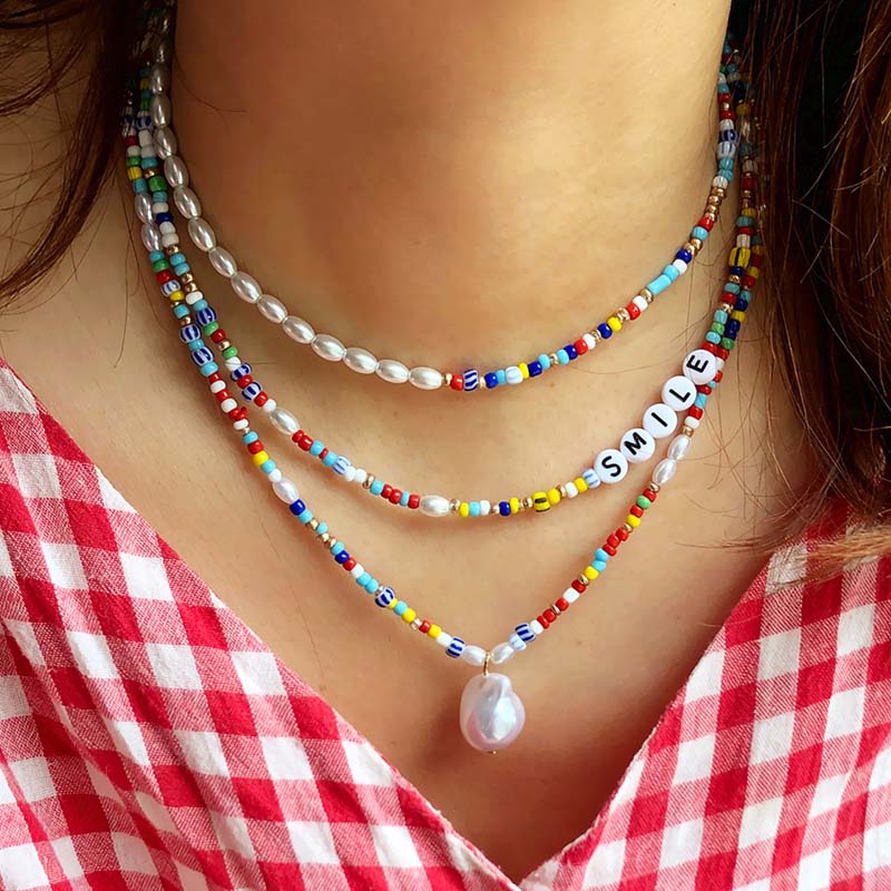 Wholesale Multi-layered Stacked Colorful Pearl Pendant Letter Collarbone Chain