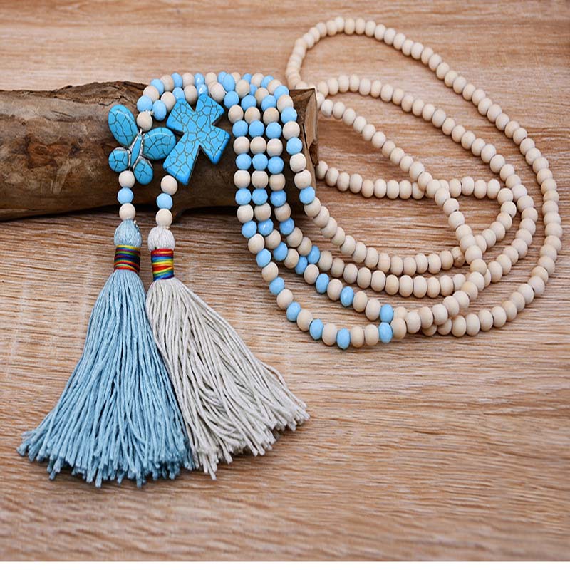 Wholesale Handmade Beads Turquoise Butterfly Pendant Tassel Long Necklace
