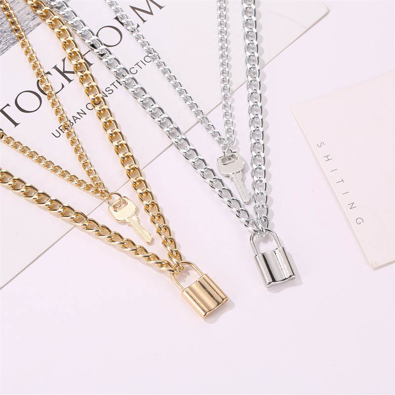 Hip-hop Thick Chain Double-layer Necklace Lock Key Metal Pendant Necklace Distributor
